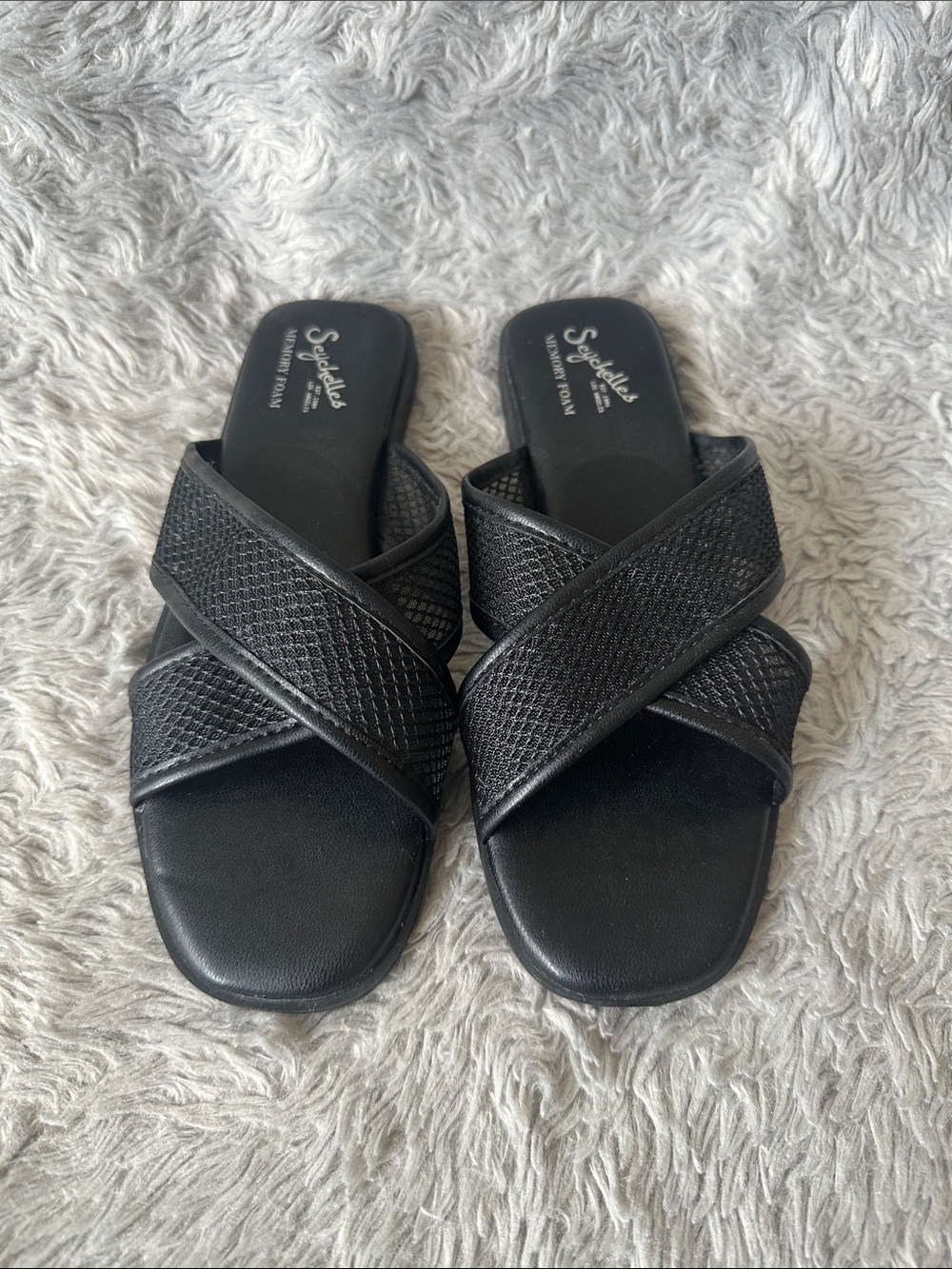 Seychelles Black Crisscross Slide Sandals with Textured Straps
